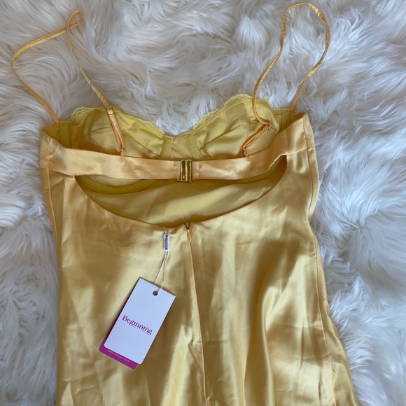 Beginning Boutique Yellow Satin Midi Dress - Picture 14 of 16